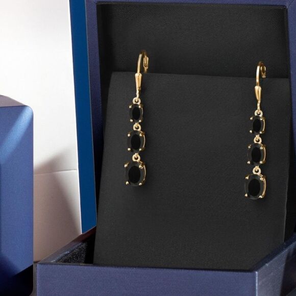 18K Yellow Gold with 5.40 Cttw 3 Stone Black Onyx Dangling Leverback Earrings - Picture 4 of 5